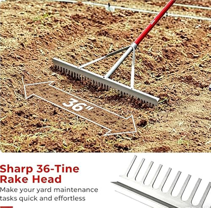 KYLIN 36 Inch / 36 Tines Aluminum Landscape Rake with 66 Inch Extra-Long Handle, Versatile Rake for Lawn Care,Loosening Soil, Weeding, Leveling Gravel, Beach Sand - Lighweight & Rust Proof
