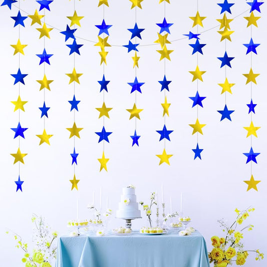Blue Gold Shining Star Hanging Garland Blue Gold Hanging Sparkling Star Streamer Glitter Bunting Banner Twinkle Backdrop for Wedding Baby Shower Birthday Christmas Decorations 40 Feet - color: Blue Gold