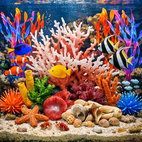 35PCS Coral Reef Aquarium Decorations Set, Ocean Style Aquarium Decor with Artificial Coral, Plants, Seashells, Anemones and Starfish for Freshwater, Saltwater and Tropical Fish Tanks