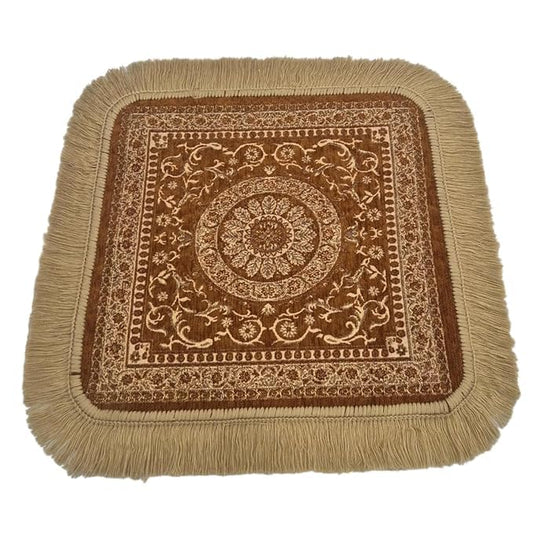 Soft Chenille Prayer Mat | 2x2 Feet Traditional Mandala Floral Pooja Aasan with Golden Fringes | Multipurpose Square Rug for Meditation, Yoga, Puja Room & Home (Pack of 2, Gold) - color: Gold, size: 2x2 Feet