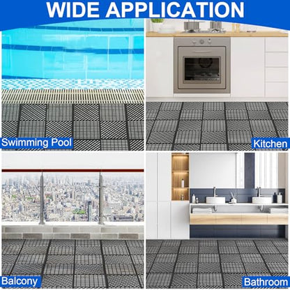 MYFAMIREA Modular Interlocking Cushion 12 Pack 11.8" x 11.8" Rubber Floor Tiles Non-Slip Splicing Drainage Mats for Deck, Pool, Shower, Patio, Balcony, Bathroom, Kitchen, Yard (Diagonal, Black) - size: 12 PCS-Diagonal