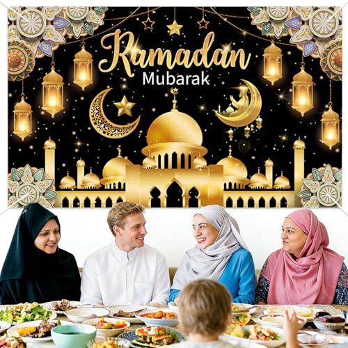 Eid Mubarak Backdrop Banner, Black and Gold Ramadan Mubarak Background Banner, Glittering Lantern Moon Star Night Backdrop for Wall Photo Background Home Muslim Eid Mubaraks Party Decorations Supplies