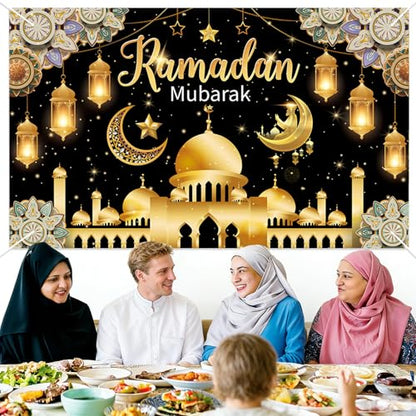 Eid Mubarak Backdrop Banner, Black and Gold Ramadan Mubarak Background Banner, Glittering Lantern Moon Star Night Backdrop for Wall Photo Background Home Muslim Eid Mubaraks Party Decorations Supplies