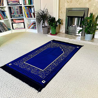 Mihrab Patterned Original Luxury Velvet Prayer Mat/Rug- 750g Weight | Made in Turkey (Navy Blue) - color: Navy Blue