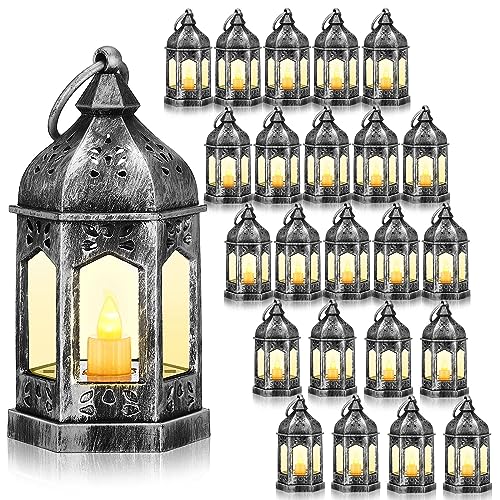 Hortsun 24 Pcs Mini Lantern Decorative with Flickering LED Candle Vintage Hanging Lanterns Battery Powered Light Wedding Diwali Halloween Christmas Centerpiece for Camping Garden Party Decor(Silver) - color: Silver