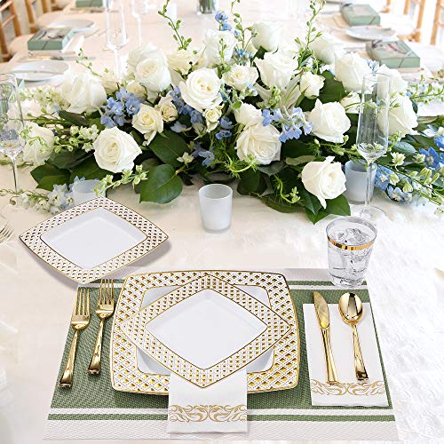 FOCUSLINE 175 Ct Gold Dinnerware Set for 25 Guests - Square Plastic Plates with Diamond Rim, Including 25 Disposable Dinner & Dessert Plates, Napkins, Cups, Cutlery - color: Gold Diamond Rim Plates