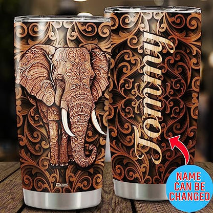 WAZONE Personalized Elephant Tumbler Cup With Lid Animal 20oz 30oz Stainless Steel Wooden Drawings Insulated Coffee Travel Mug Custom Name Customized Gifts For Elephants Lover Men Women Teen - color: Elephant
