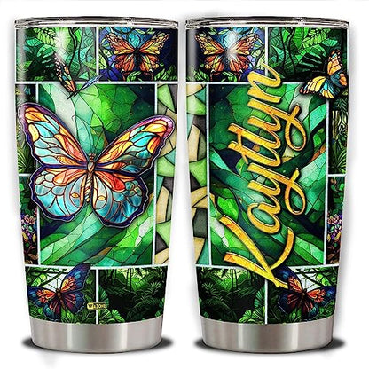 WAZONE Personalized Butterfly Tumbler with Lid Customize Name Double Wall Vacuum Drawing 20 30 oz Stainless Steel Insulated Cup Travel Mug Things Gift for Girls Woman Mother Coworker Friends - color: Butterfly