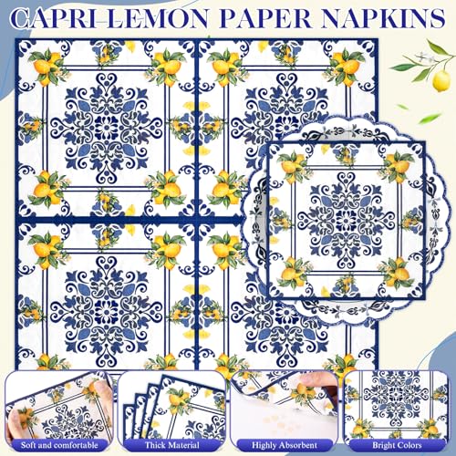 Funnymoom 96 Pieces Capri Lemon Tableware Set for 48 Guests Include 48 Pcs 7 Inch Dessert Plates and 48 Pcs Napkins Watercolor Disposable Dinnerware for Summer Birthday Holiday Tea Party Supplies - style: Lemon
