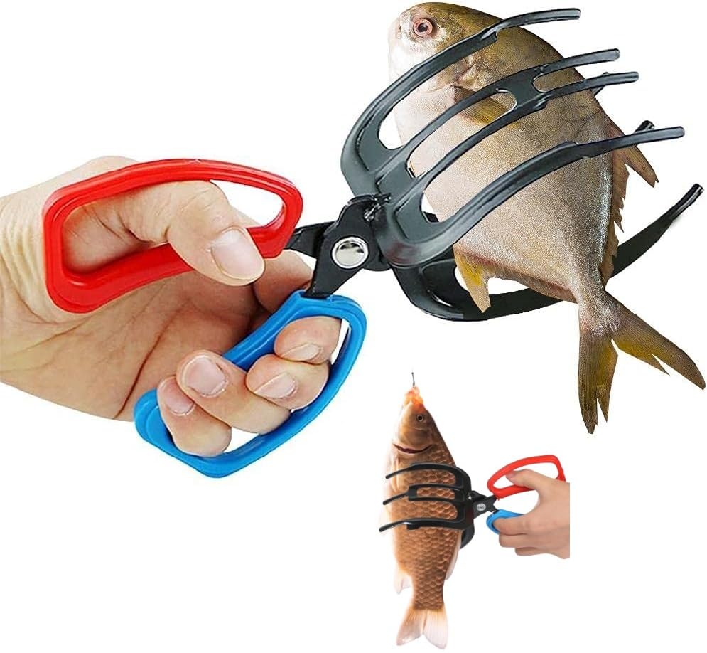 Fish Gripper Pliers 3 Claw Fish Gripper Fish Holder Tool Tong Grip Tackle Tool Control Forceps for Catch Fish Fishing Accessories Metal Fish Control Clamp, Black, Red, Blue