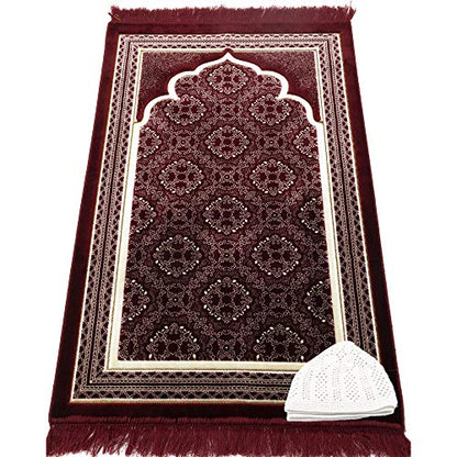 Modefa Turkish Islamic Prayer Rug - Soft Velvet Janamaz Praying Carpet - Comfortable Muslim Praying Mat for Men & Women - Ramadan or Eid Gift - with Kufi Prayer Cap - Elegant Swirl (Red) - color: Red