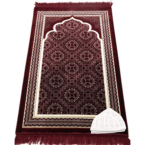 Modefa Turkish Islamic Prayer Rug - Soft Velvet Janamaz Praying Carpet - Comfortable Muslim Praying Mat for Men & Women - Ramadan or Eid Gift - with Kufi Prayer Cap - Elegant Swirl (Red) - color: Red