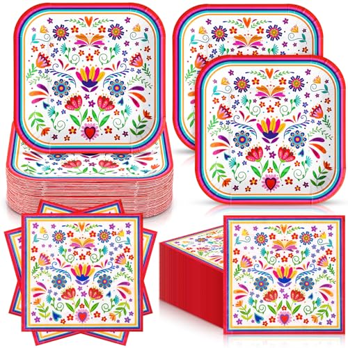 Zhehao 72 Pcs Mexican Plates and Napkins Set Serve 36, 7" Mexican Party Supplies Cielito Lindo Mandala Flower Disposable Party Supplies Fiesta Dinnerware - style: Mexican Fiesta