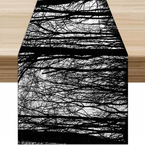 Dark Gothic Forest Table Runner Misty Eerie Black Halloween Forest Tree View Table Decor Table Top Dining Kitchen Wedding Party 13x36 in - color: Table-45, size: W13X L36
