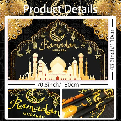 Ramadan Decorations for Home Black and Gold Eid Decorations Mubarak Backdrop Banner Ramadan Decor Hang Ramadan Mubarak Photography Banner Background Holiday Welcome Banner for Party Supplies