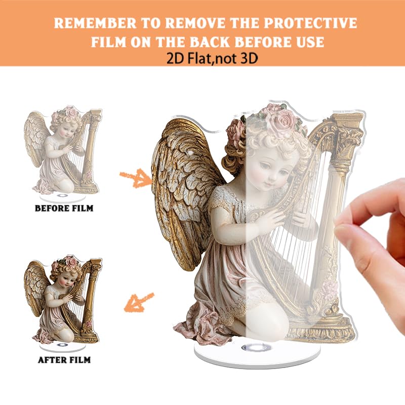 YLUYINOM 2D Flat Acrylic Display Plaque, Delicate Cherub with Golden Wings Playing A Harp Adorned with Pink Roses and Intricate Details. Rotatable, with Base - color: Picture 17