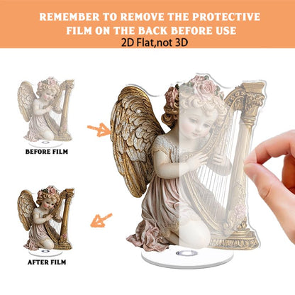 YLUYINOM 2D Flat Acrylic Display Plaque, Delicate Cherub with Golden Wings Playing A Harp Adorned with Pink Roses and Intricate Details. Rotatable, with Base - color: Picture 17