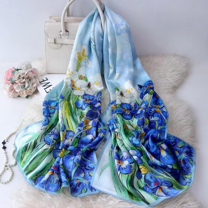 ANDANTINO 100% Silk Long Scarf-Women Large Oblong Shawls with Gift Packed - color: Oil Painting-irises