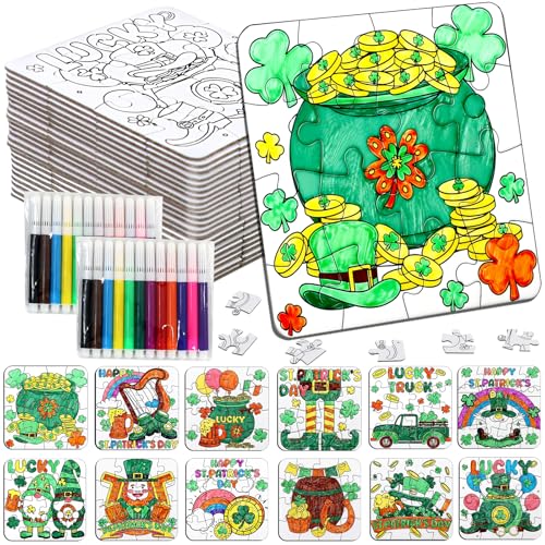 St Patricks Day Crafts for Kids & Adults Bulk, St. Patrick's Day Activities Classroom Gifts, Irish DIY Kits Jigsaw Puzzles with Pot of Gold, Leprechaun Shamrock, March Arts for Party Favors Supplies - color: St Patrick's colorful