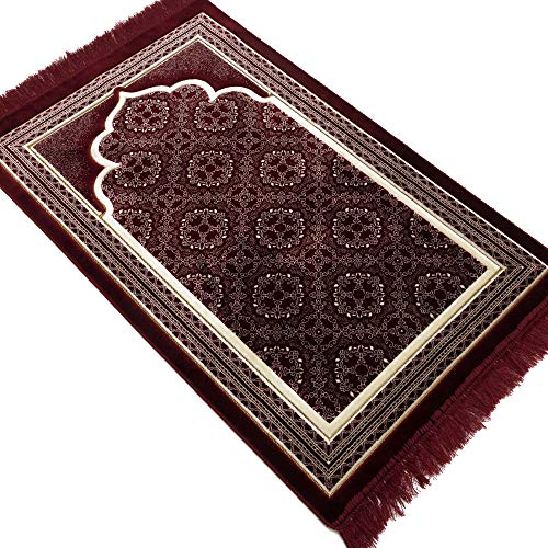 Modefa Turkish Islamic Prayer Rug - Soft Velvet Janamaz Praying Carpet - Comfortable Muslim Praying Mat for Men & Women - Ramadan or Eid Gift - with Kufi Prayer Cap - Elegant Swirl (Red) - color: Red