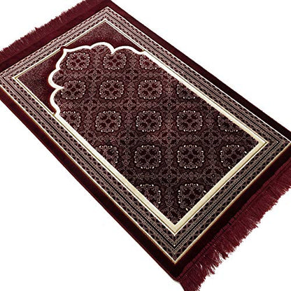 Modefa Turkish Islamic Prayer Rug - Soft Velvet Janamaz Praying Carpet - Comfortable Muslim Praying Mat for Men & Women - Ramadan or Eid Gift - with Kufi Prayer Cap - Elegant Swirl (Red) - color: Red