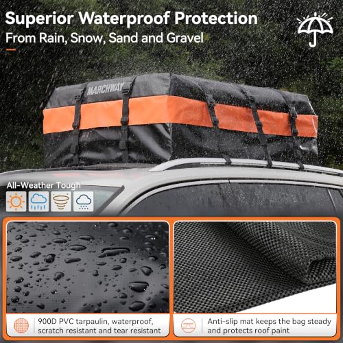 MARCHWAY Waterproof Car Roof Luggage Bag, Weatherproof Soft Shell Rooftop Cargo Carrier Bag for Vehicles with or Without Rack. 6 Door Hooks, Anti Slip Mat, Lock Included (15 Cubic Feet, Orange) - size: 15 Cubic Feet, Orange