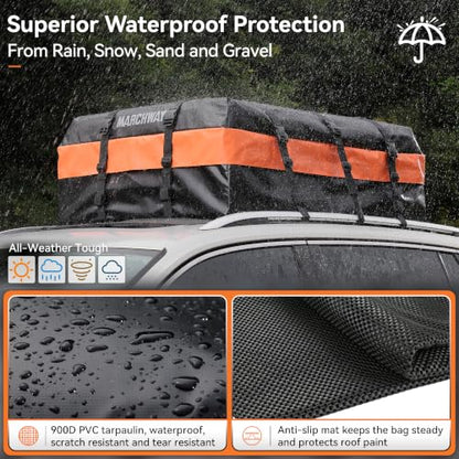 MARCHWAY Waterproof Car Roof Luggage Bag, Weatherproof Soft Shell Rooftop Cargo Carrier Bag for Vehicles with or Without Rack. 6 Door Hooks, Anti Slip Mat, Lock Included (21 Cubic Feet, Orange) - size: 21 Cubic Feet, Orange