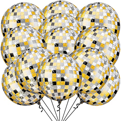 KatchOn, Huge Disco Ball Balloons -22 Inch, Pack of 12 | Black And Gold Disco Balloons for Disco Party Decorations | 360 Degree 4D Sphere Disco Balloon | Gold and Black Party Decor - color: Gold, Silver and Black