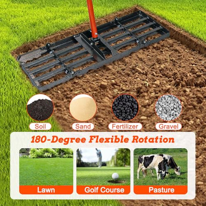 Lawn Leveling Rake, 30" x 10" Lawn Leveler Tool | Heavy Duty Lawn Levelling Rake with 78" Adjustable Handle,Stainless Steel rake for Soil Garden, Golf Course, Farm and Pasture