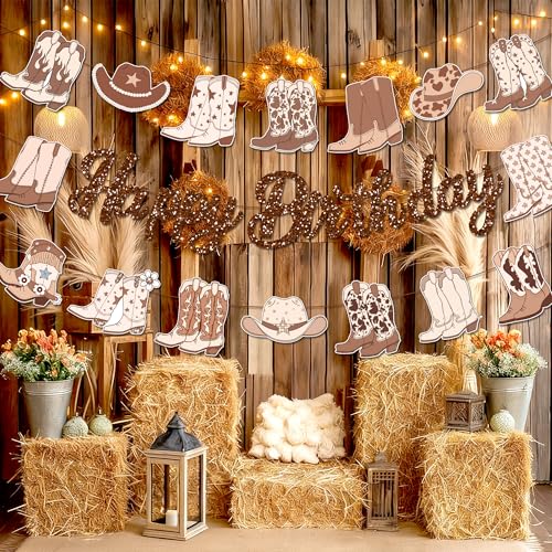 3Pcs Brown Western Cowboy Happy Birthday Banner Cherry Bow Boots Party Hanging Banner Cowboy Theme Birthday Bridal Wedding Baby Shower Boys Girls Kids Home Classroom Party Supplies Decoration - color: Brown