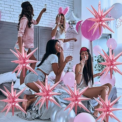 6 Pcs Silver Star Foil Balloons One-Piece 14-Pointed Star Balloon 4D Starburst Cone Mylar Balloon 22inch Christmas Birthday Wedding Wedding Anniversary Party Supplies (Pink) - color: 22 Inches Pink