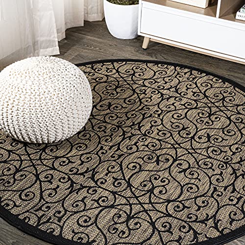 JONATHAN Y Vintage Filigree Indoor Outdoor Round Area Rug 3 Ft Black/Khaki, Madrid Textured Weave for Backyard, Patio, Porch, Easy-Cleaning, High Traffic, Pet-Friendly, Non-Shedding (SMB107A-3R) - color: Black/Khaki, size: 3'1" (Round)