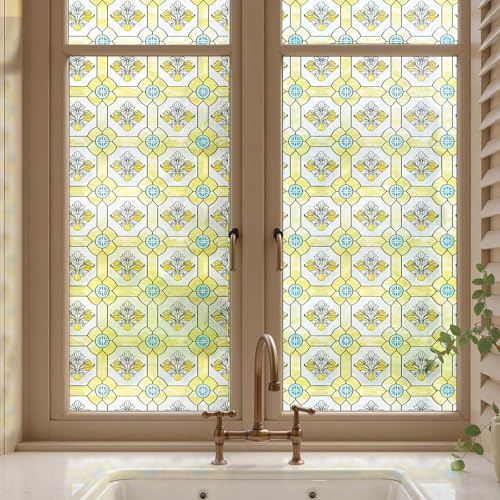 Window Privacy Film, 3D Stained Glass Window Film, 23.6x35.4in | Decorative Window Privacy Film for Bathroom, Front Door, Home, Sun Blocking Heat Control, Static Cling, Gilt Glazed Flowers - color: Gilt Glazed Flowers, size: 23.6inch x 35.4inch