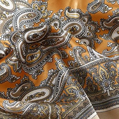 QBSM Womens 23.6 inch Satin Silk Feeling Formal Square Neck Scarf Head Hair Wraps Kerchief - color: Cashew Flowers-camel