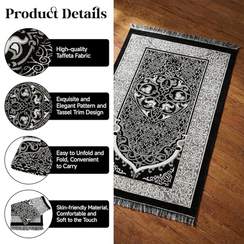 Kufi 모자 및 Tasbih 99개의 비즈가 있는 무슬림 기도 매트 세트, 휴대용 이슬람 기도 러그 여행용 접이식 사자다, 통기성 있는 타키야 모자, 라마단 이드 이슬람 선물 남성 여성용