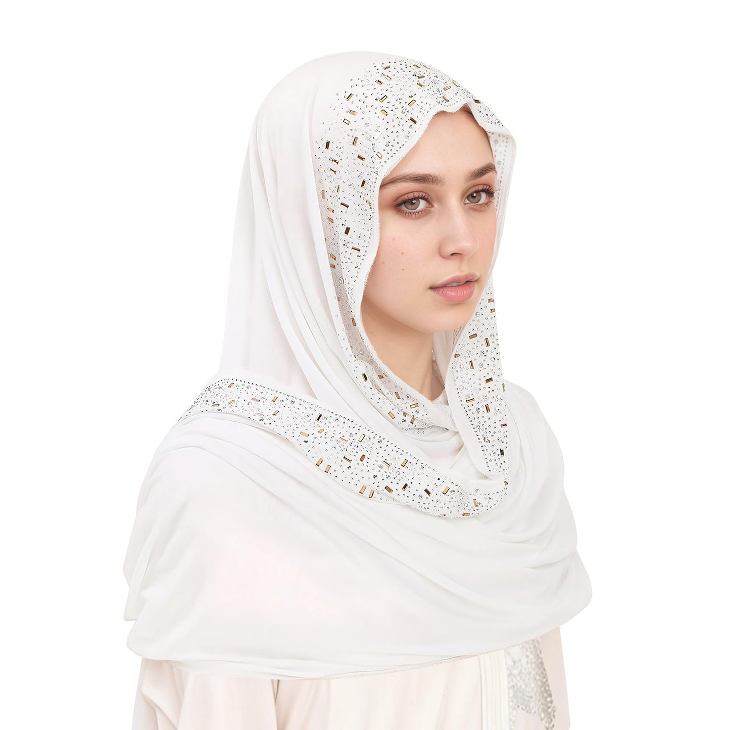 Women Elegant Long Scarf Muslim Islamic Ramadan Eid Hijab Prayer Scarf Silk Jersey Turban Headwrap Lightweight Shawl - color: B-white