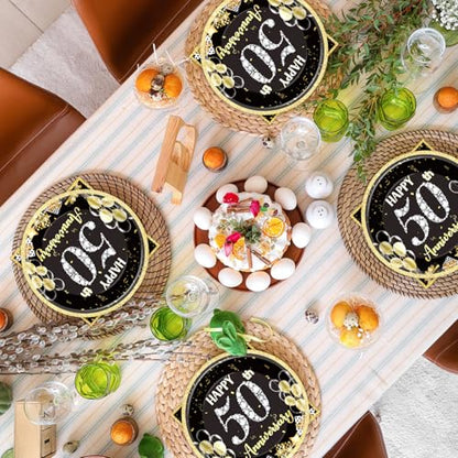 48Pcs 50th Anniversary Paper Plates Napkins Wedding Party Decorations Employee Career Retirements Party Supplies Black Gold Disposable Dinner Tableware Set for Birthday Anniversary Graduation Serve 24 - style: 50th Anniversary