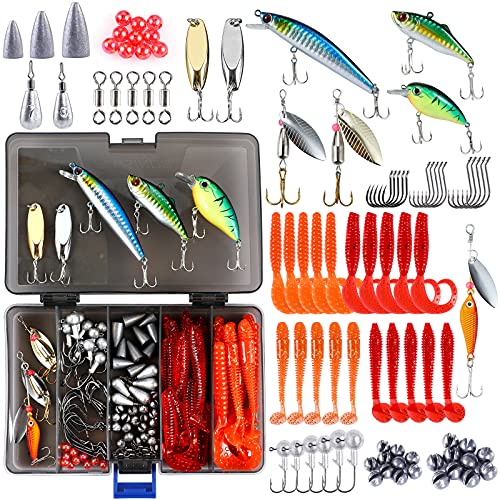 PLUSINNO Fishing Lures Fishing Tackle Box Fishing Gifts for Men, Bass, Trout Fishing Accessories Kit for Saltwater & Freshwater Fishing Gear Including Topwater Lures, Hooks, Spinnerbaits - color: 108PCS tackle box
