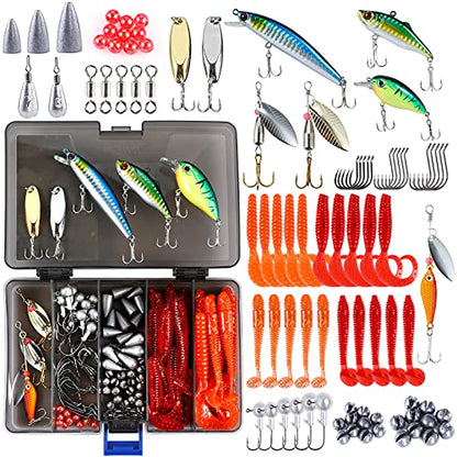 PLUSINNO Fishing Lures Fishing Tackle Box Fishing Gifts for Men, Bass, Trout Fishing Accessories Kit for Saltwater & Freshwater Fishing Gear Including Topwater Lures, Hooks, Spinnerbaits - color: 108PCS tackle box