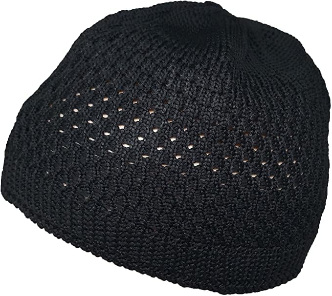 Set 2 Pieces Muslim Skull Cap Beanie AMN-341 Islam Prayer Crochet Takke Kufi Hat Eid Ramadan Gift - color: Bk & White, size: Large