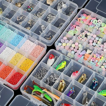 CGCG 3-Pack 18-Grid Clear Plastic Beads Organizer Box 7.9x5.8 | Multi compartment container case with adjustable dividers for small crafts, jewelry, fishing tackle, nail charm stickers