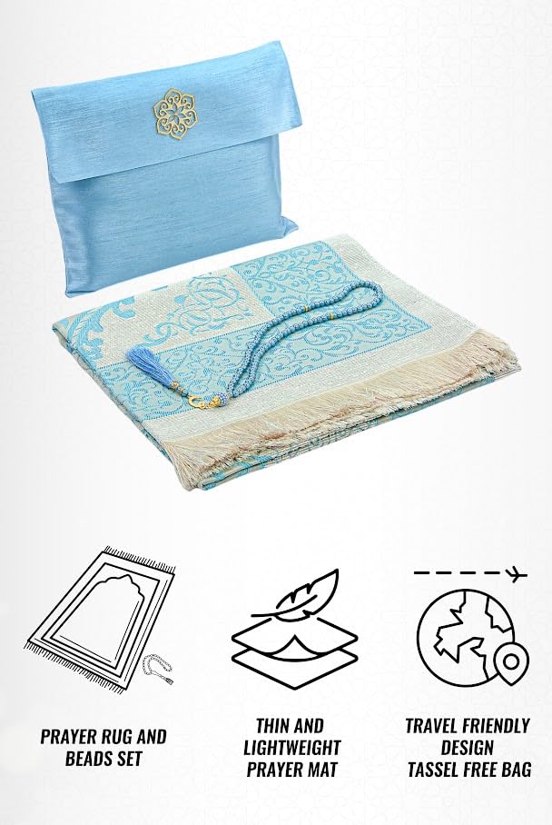 ihvan online Muslim Prayer Rug with 99 Beads Tasbih & Travel Bag, Soft Taffeta Sajadah, Lightweight & Foldable Janamaz, Portable Prayer Mat, Islamic Gift for Eid, Ramadan, Hajj & Umrah, Blue - color: Blue