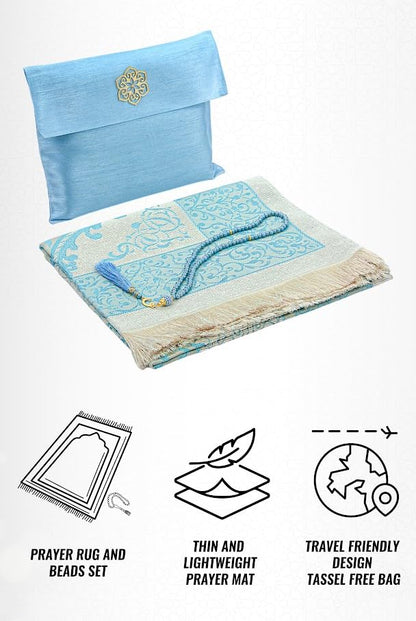 ihvan online Muslim Prayer Rug with 99 Beads Tasbih & Travel Bag, Soft Taffeta Sajadah, Lightweight & Foldable Janamaz, Portable Prayer Mat, Islamic Gift for Eid, Ramadan, Hajj & Umrah, Blue - color: Blue