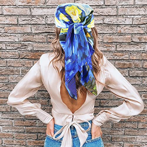 100% Mulberry Silk Scarf-Printed or Solid Color 35” Square Large Silk Hair Head Wrap Scarf With Gift Box Package - color: A Pattern: the Starry Night (Van Gogh)