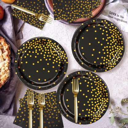 150 PCS Black and Gold Paper Plates Napkins Forks Party Supplies Serves 50, Golden Dot Disposable Paper Dinnerware 9" Plates for Birthday, New Years Eve, Graduation, Retirement Party - color: Black Gold (Serves 50)