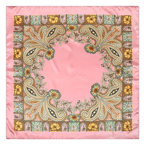 AWAYTR 35” Large Satin Square Head Scarf - 2Pcs Silk Like Floral Head Scarves Square Satin Hair Scarf Bandanas for Women - color: Cashew(pink+black)
