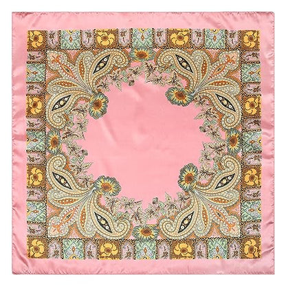 AWAYTR 35” Large Satin Square Head Scarf - 2Pcs Silk Like Floral Head Scarves Square Satin Hair Scarf Bandanas for Women - color: Cashew(pink+black)