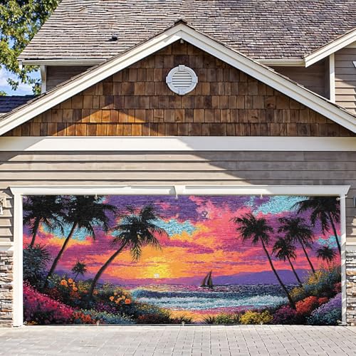 7 * 16FT Summer Sunset Garage Door Cover Decorations Sunset Palm Trees Garage Door Banner for Outdoor Indoor Summer Party Photography Backdrop - color: Sunset, size: 7*16 ft