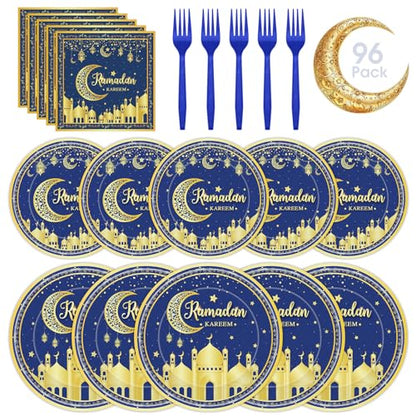 96 Pcs Ramadan Plates and Napkins Forks Sets - Blue Gold Eid Mubarak Themed Round Tableware, Disposable KAREEM Paper Plates Napkins Kit for Ramadan Party Supplies Favors Table Decorations, Serves 24 - style: Ramadan