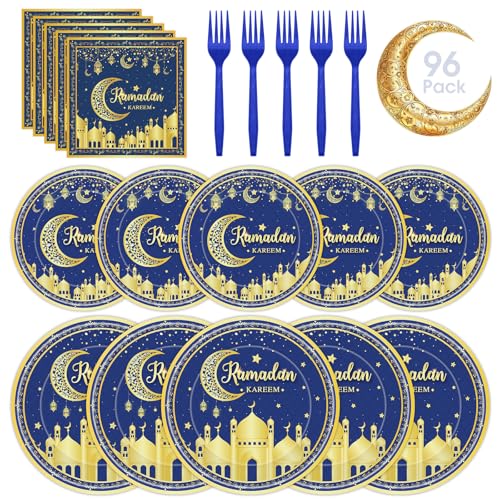 96 Pcs Ramadan Plates and Napkins Forks Sets - Blue Gold Eid Mubarak Themed Round Tableware, Disposable KAREEM Paper Plates Napkins Kit for Ramadan Party Supplies Favors Table Decorations, Serves 24 - style: Ramadan